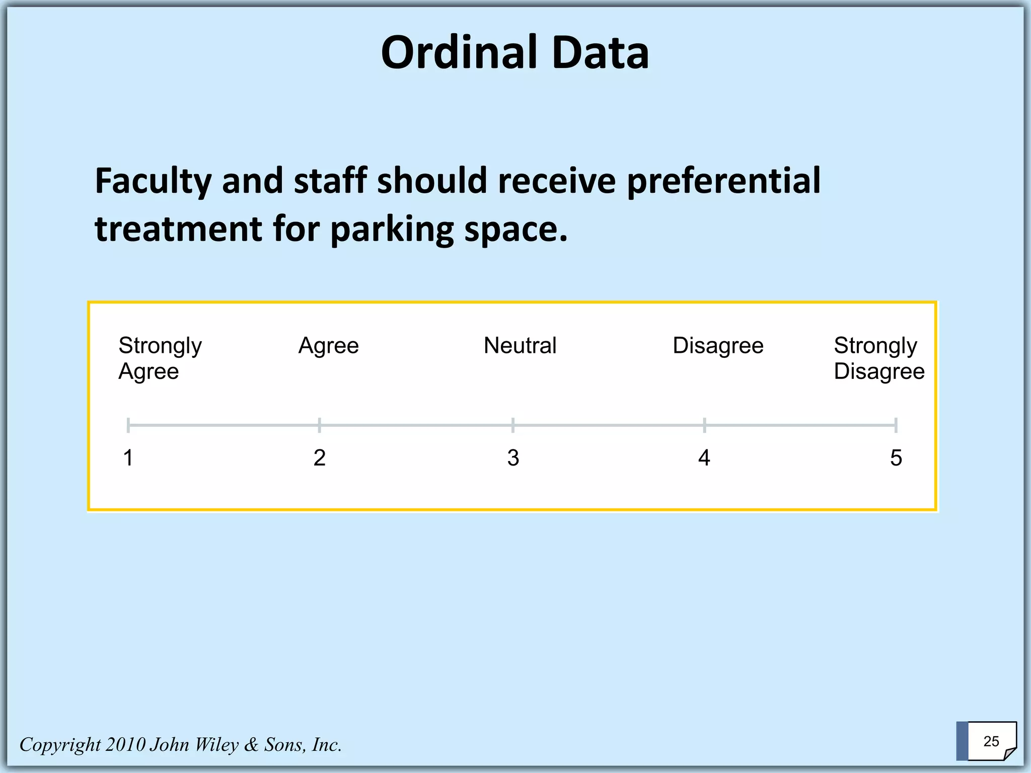 Copyright 2010 John Wiley & Sons, Inc. 25
Faculty and staff should receive preferential
treatment for parking space.
Ordinal Data
1 2 3 4 5
Strongly
Agree
Agree Strongly
Disagree
DisagreeNeutral
 
