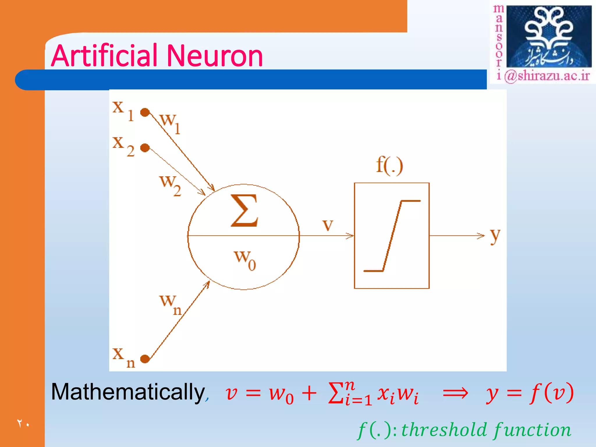 20
Artificial Neuron
Mathematically, 𝑣 = 𝑤0 + 𝑖=1
𝑛
𝑥𝑖𝑤𝑖 ⟹ 𝑦 = 𝑓 𝑣
𝑓 . : 𝑡ℎ𝑟𝑒𝑠ℎ𝑜𝑙𝑑 𝑓𝑢𝑛𝑐𝑡𝑖𝑜𝑛
 