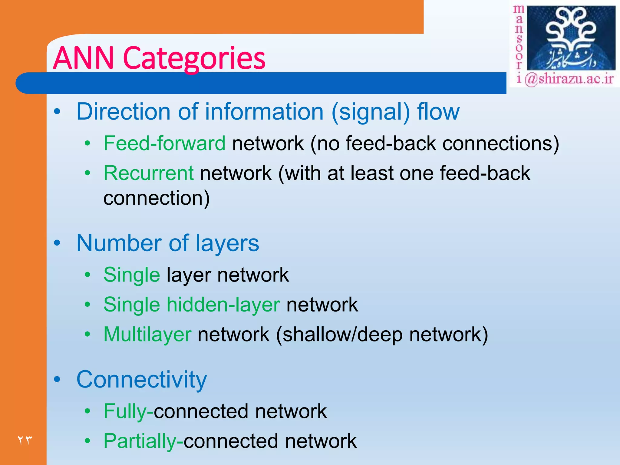 23
ANN Categories
• Direction of information (signal) flow
• Feed-forward network (no feed-back connections)
• Recurrent network (with at least one feed-back
connection)
• Number of layers
• Single layer network
• Single hidden-layer network
• Multilayer network (shallow/deep network)
• Connectivity
• Fully-connected network
• Partially-connected network
 