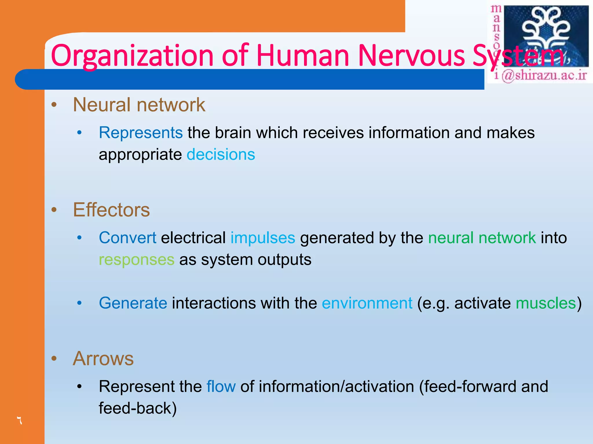 6
Organization of Human Nervous System
• Neural network
• Represents the brain which receives information and makes
appropriate decisions
• Effectors
• Convert electrical impulses generated by the neural network into
responses as system outputs
• Generate interactions with the environment (e.g. activate muscles)
• Arrows
• Represent the flow of information/activation (feed-forward and
feed-back)
 