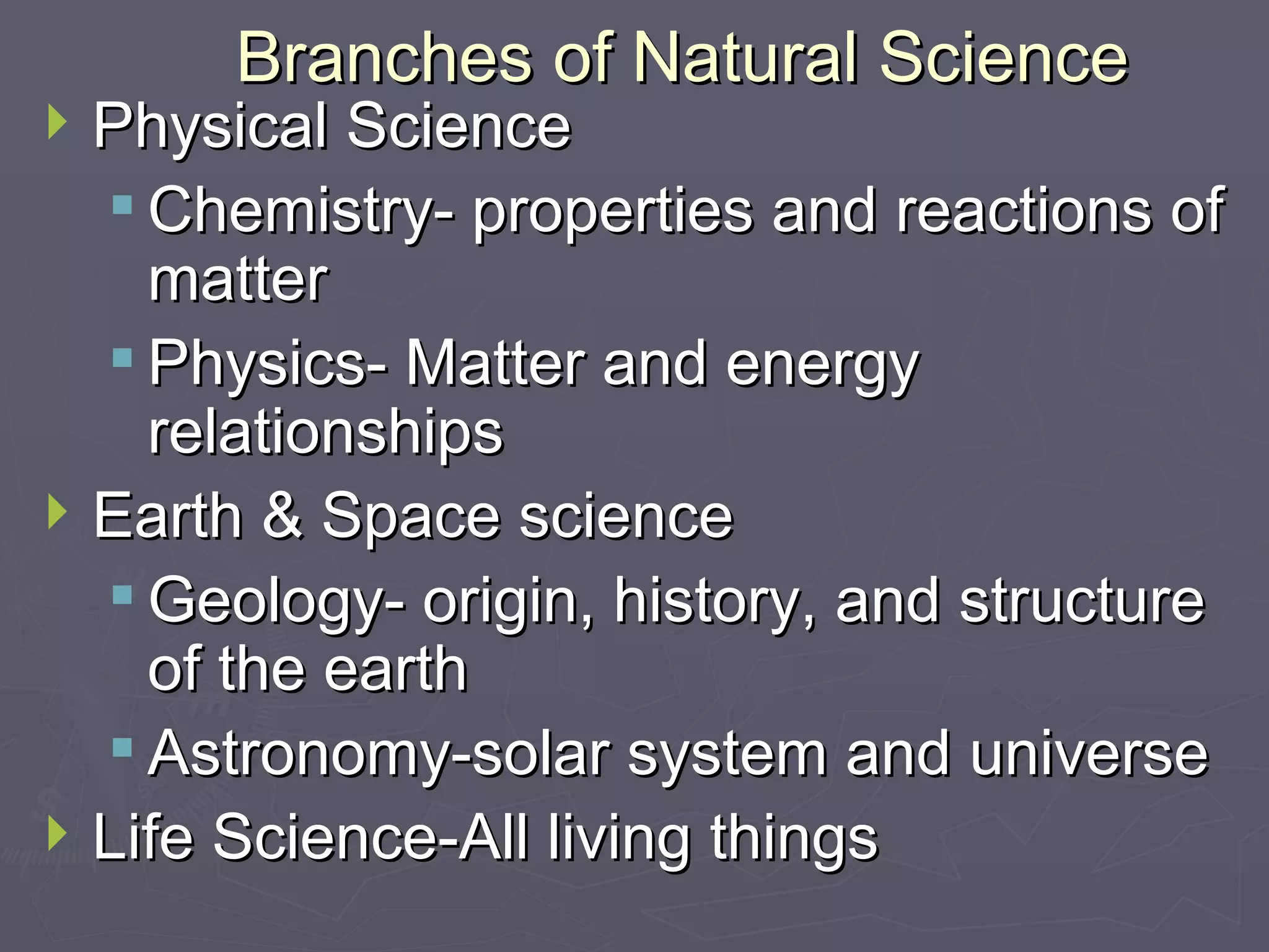 Branches of Natural Science Physical Science Chemistry- properties and reactions of matter Physics- Matter and energy relationships Earth & Space science Geology- origin, history, and structure of the earth Astronomy-solar system and universe Life Science-All living things