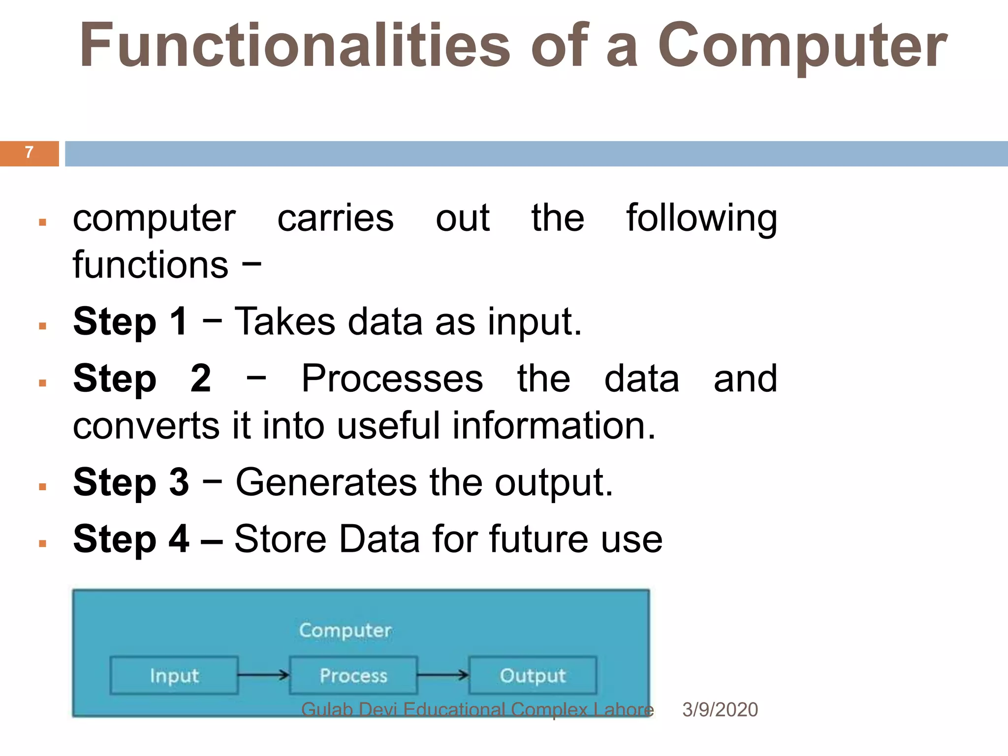 Functionalities of a Computer
 computer carries out the following
functions −
 Step 1 − Takes data as input.
 Step 2 − Processes the data and
converts it into useful information.
 Step 3 − Generates the output.
 Step 4 – Store Data for future use
3/9/2020Gulab Devi Educational Complex Lahore
7
 