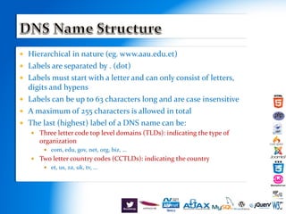  Hierarchical in nature (eg. www.aau.edu.et)
 Labels are separated by . (dot)
 Labels must start with a letter and can only consist of letters,
digits and hypens
 Labels can be up to 63 characters long and are case insensitive
 A maximum of 255 characters is allowed in total
 The last (highest) label of a DNS name can be:
 Three letter code top level domains (TLDs): indicating the type of
organization
 com, edu, gov, net, org, biz, …
 Two letter country codes (CCTLDs): indicating the country
 et, us, za, uk, tv, …
 