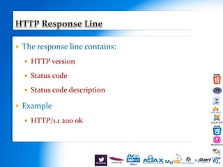  The response line contains:
 HTTP version
 Status code
 Status code description
 Example
 HTTP/1.1 200 ok
 