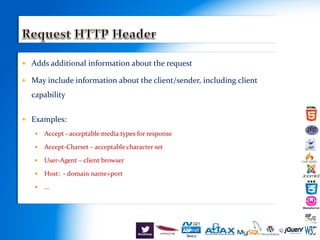  Adds additional information about the request
 May include information about the client/sender, including client
capability
 Examples:
 Accept - acceptable media types for response
 Accept-Charset – acceptable character set
 User-Agent – client browser
 Host: - domain name+port
 …
 