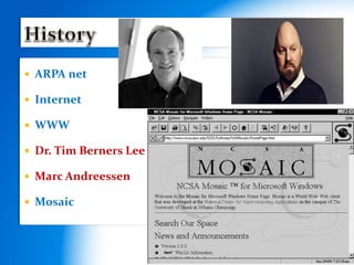  ARPA net
 Internet
 WWW
 Dr. Tim Berners Lee
 Marc Andreessen
 Mosaic
 