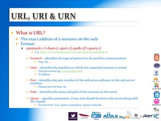  What is URL?
 The exact address of a resource on the web
 Format:
 <protocol>://<host>[:<port>][<path>][?<query>]
 E.g. http://www.somedomain.com/search.php?q=dns&lang=en
 Protocol – identifies the type of protocol to be used for communication
 http, ftp ….
 Host – identifies the machine on which the requested resource is stored
 Domain names (eg. www.google.com)
 IP address
 Port – identifies the port number of the web server software on the web server
machine
 Default port for http: 80
 Path – identifies the name and path of the resource on the server
 Query – specifies parameters, if any, that should be sent to the server along with
the request
 has the form: ?var_name1=value1&var_name2=value2&…
 