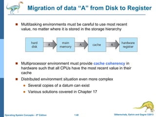 1.40 Silberschatz, Galvin and Gagne ©2013Operating System Concepts – 9th Edition
Migration of data “A” from Disk to Register
 Multitasking environments must be careful to use most recent
value, no matter where it is stored in the storage hierarchy
 Multiprocessor environment must provide cache coherency in
hardware such that all CPUs have the most recent value in their
cache
 Distributed environment situation even more complex
 Several copies of a datum can exist
 Various solutions covered in Chapter 17
 