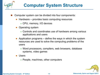 1.5 Silberschatz, Galvin and Gagne ©2013Operating System Concepts – 9th Edition
Computer System Structure
 Computer system can be divided into four components:
 Hardware – provides basic computing resources
 CPU, memory, I/O devices
 Operating system
 Controls and coordinates use of hardware among various
applications and users
 Application programs – define the ways in which the system
resources are used to solve the computing problems of the
users
 Word processors, compilers, web browsers, database
systems, video games
 Users
 People, machines, other computers
 