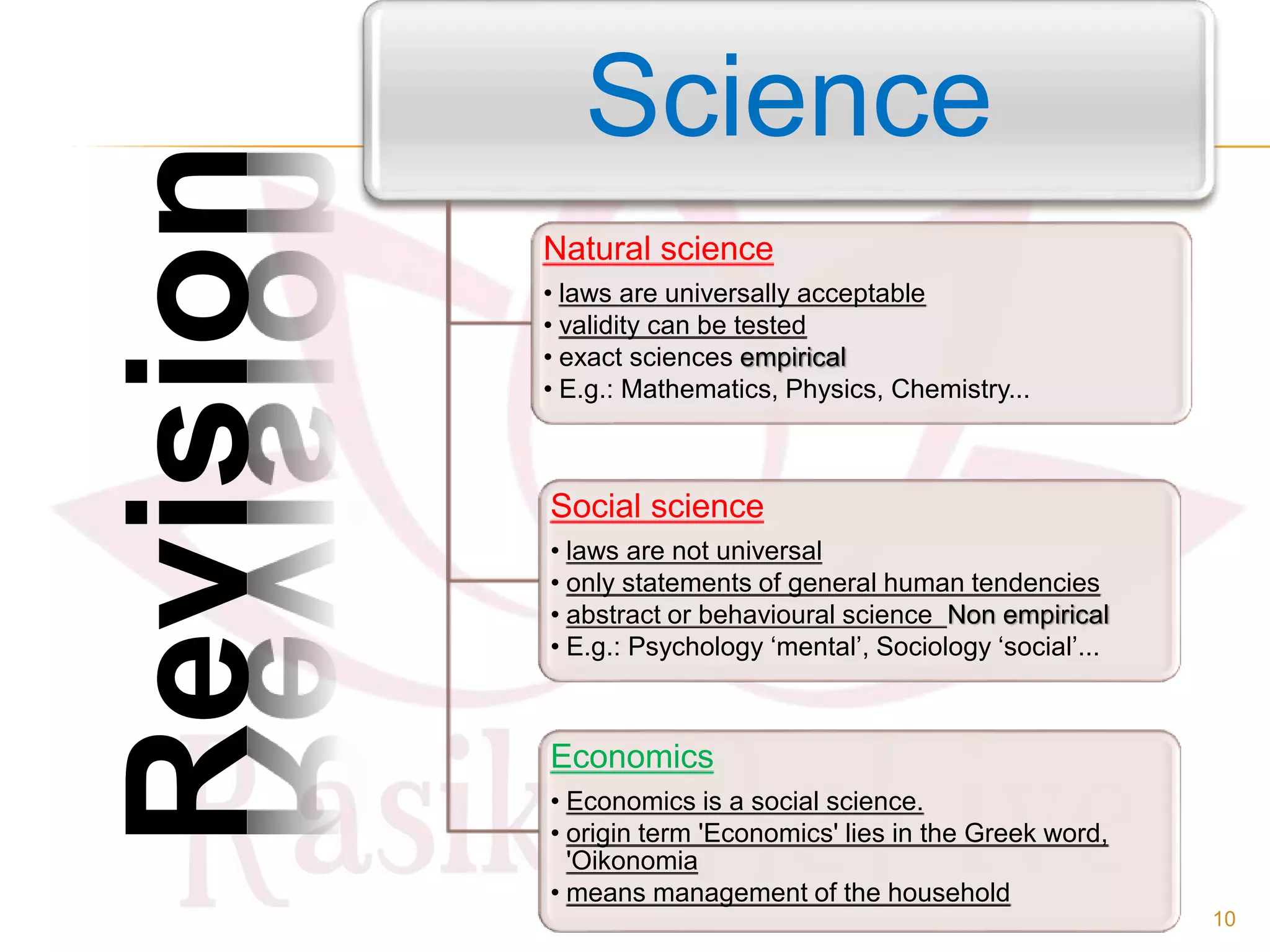 Science
Social science
• laws are not universal
• only statements of general human tendencies
• abstract or behavioural science Non empirical
• E.g.: Psychology ‘mental’, Sociology ‘social’...
Economics
• Economics is a social science.
• origin term 'Economics' lies in the Greek word,
'Oikonomia
• means management of the household
Natural science
• laws are universally acceptable
• validity can be tested
• exact sciences empirical
• E.g.: Mathematics, Physics, Chemistry...
Revision
10
 