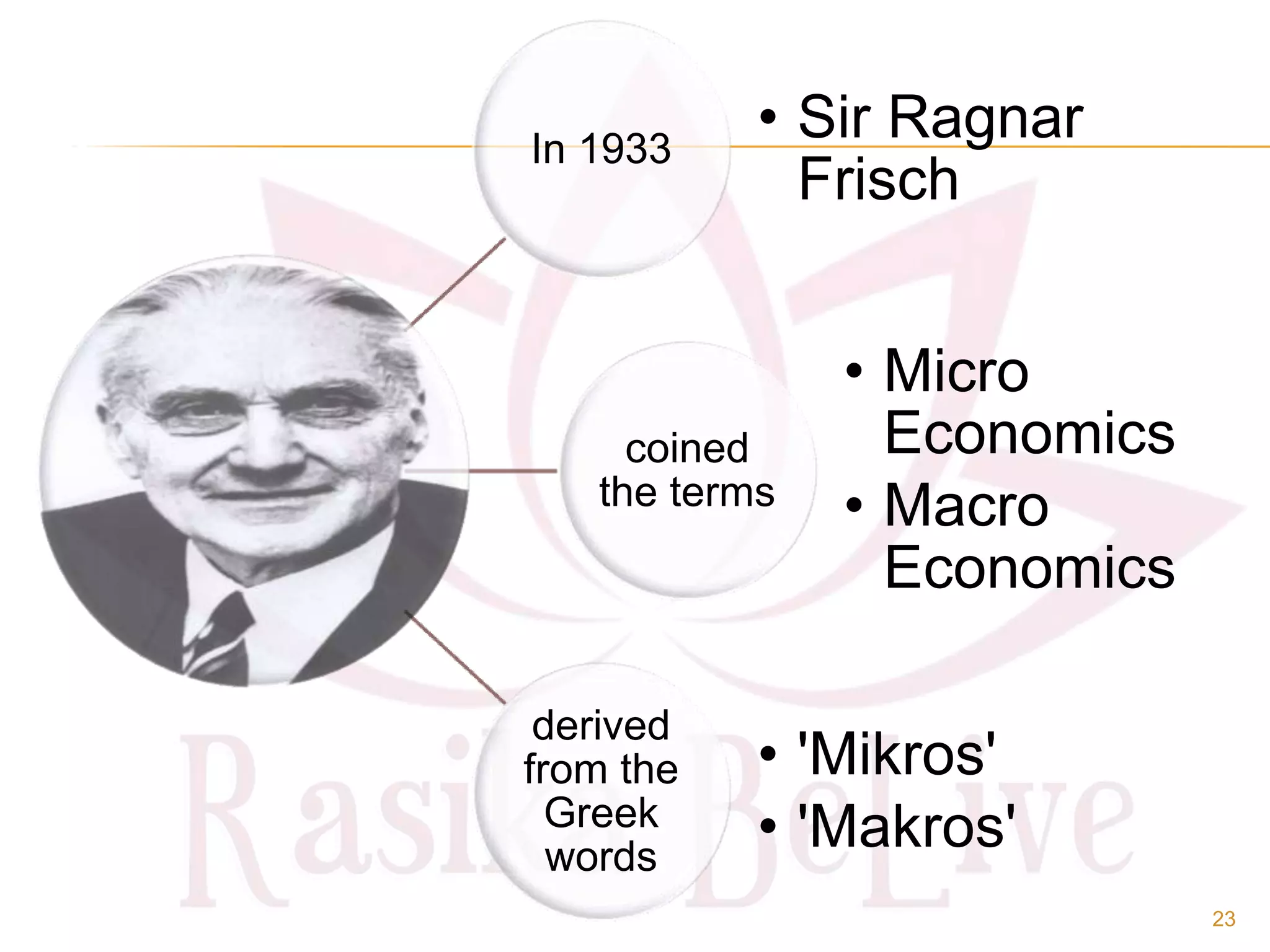 In 1933
• Sir Ragnar
Frisch
coined
the terms
• Micro
Economics
• Macro
Economics
derived
from the
Greek
words
• 'Mikros'
• 'Makros'
23
 