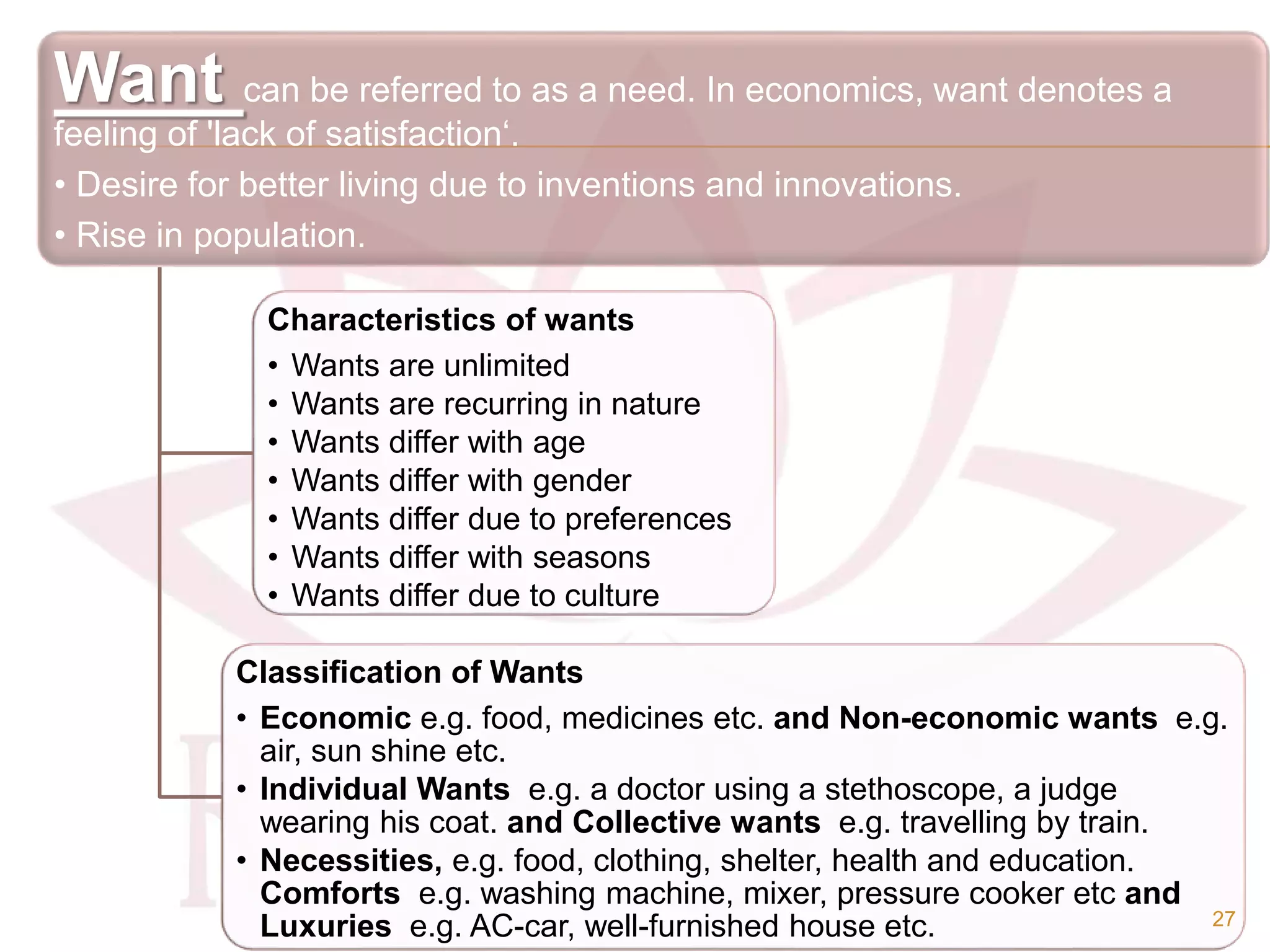 Want can be referred to as a need. In economics, want denotes a
feeling of 'lack of satisfaction‘.
• Desire for better living due to inventions and innovations.
• Rise in population.
Characteristics of wants
• Wants are unlimited
• Wants are recurring in nature
• Wants differ with age
• Wants differ with gender
• Wants differ due to preferences
• Wants differ with seasons
• Wants differ due to culture
Classification of Wants
• Economic e.g. food, medicines etc. and Non-economic wants e.g.
air, sun shine etc.
• Individual Wants e.g. a doctor using a stethoscope, a judge
wearing his coat. and Collective wants e.g. travelling by train.
• Necessities, e.g. food, clothing, shelter, health and education.
Comforts e.g. washing machine, mixer, pressure cooker etc and
Luxuries e.g. AC-car, well-furnished house etc. 27
 