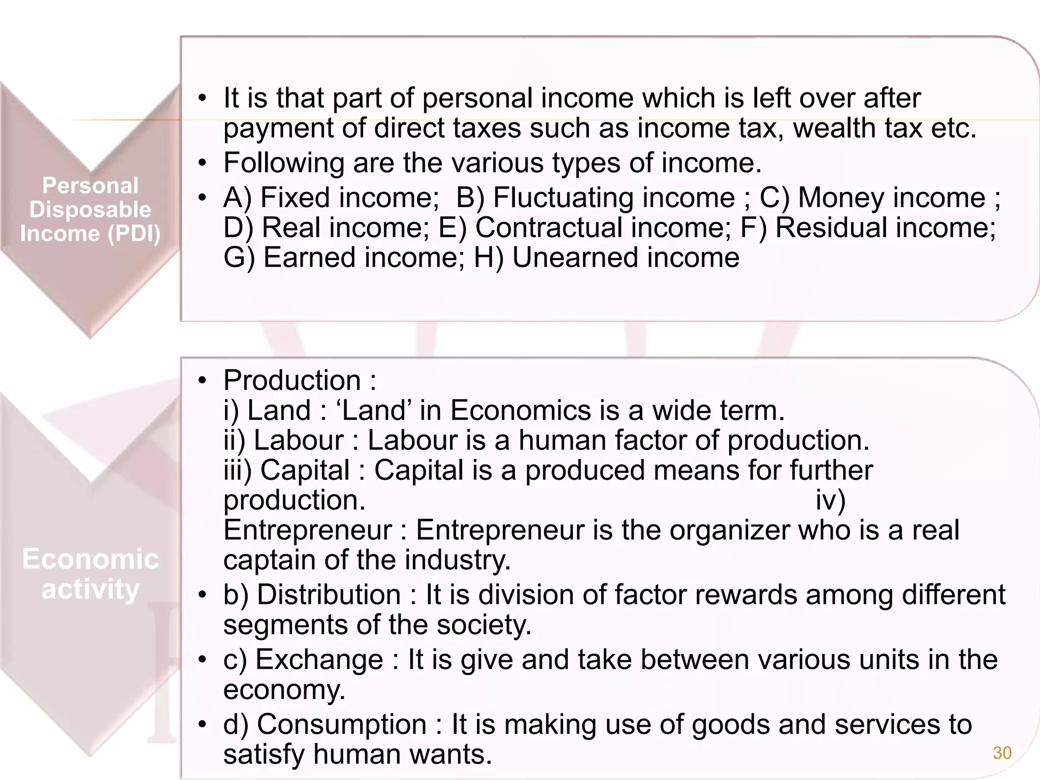 Personal
Disposable
Income (PDI)
• It is that part of personal income which is left over after
payment of direct taxes such as income tax, wealth tax etc.
• Following are the various types of income.
• A) Fixed income; B) Fluctuating income ; C) Money income ;
D) Real income; E) Contractual income; F) Residual income;
G) Earned income; H) Unearned income
Economic
activity
• Production :
i) Land : ‘Land’ in Economics is a wide term.
ii) Labour : Labour is a human factor of production.
iii) Capital : Capital is a produced means for further
production. iv)
Entrepreneur : Entrepreneur is the organizer who is a real
captain of the industry.
• b) Distribution : It is division of factor rewards among different
segments of the society.
• c) Exchange : It is give and take between various units in the
economy.
• d) Consumption : It is making use of goods and services to
satisfy human wants. 30
 