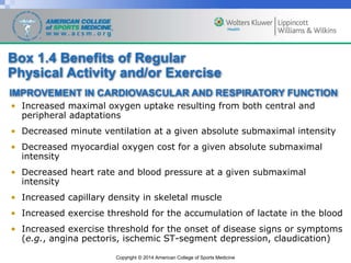 Copyright © 2014 American College of Sports Medicine
• Increased maximal oxygen uptake resulting from both central and
peripheral adaptations
• Decreased minute ventilation at a given absolute submaximal intensity
• Decreased myocardial oxygen cost for a given absolute submaximal
intensity
• Decreased heart rate and blood pressure at a given submaximal
intensity
• Increased capillary density in skeletal muscle
• Increased exercise threshold for the accumulation of lactate in the blood
• Increased exercise threshold for the onset of disease signs or symptoms
(e.g., angina pectoris, ischemic ST-segment depression, claudication)
IMPROVEMENT IN CARDIOVASCULAR AND RESPIRATORY FUNCTION
Box 1.4 Benefits of Regular
Physical Activity and/or Exercise
 