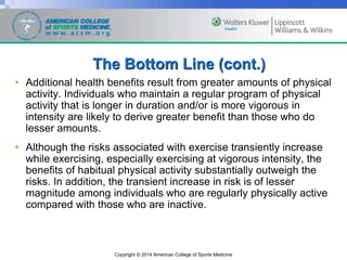 Copyright © 2014 American College of Sports Medicine
The Bottom Line (cont.)
• Additional health benefits result from greater amounts of physical
activity. Individuals who maintain a regular program of physical
activity that is longer in duration and/or is more vigorous in
intensity are likely to derive greater benefit than those who do
lesser amounts.
• Although the risks associated with exercise transiently increase
while exercising, especially exercising at vigorous intensity, the
benefits of habitual physical activity substantially outweigh the
risks. In addition, the transient increase in risk is of lesser
magnitude among individuals who are regularly physically active
compared with those who are inactive.
 