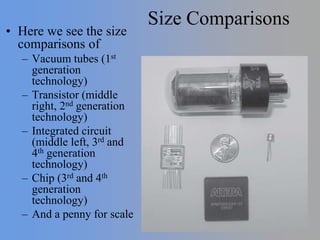 Size Comparisons
• Here we see the size
comparisons of
– Vacuum tubes (1st
generation
technology)
– Transistor (middle
right, 2nd generation
technology)
– Integrated circuit
(middle left, 3rd and
4th generation
technology)
– Chip (3rd and 4th
generation
technology)
– And a penny for scale
 