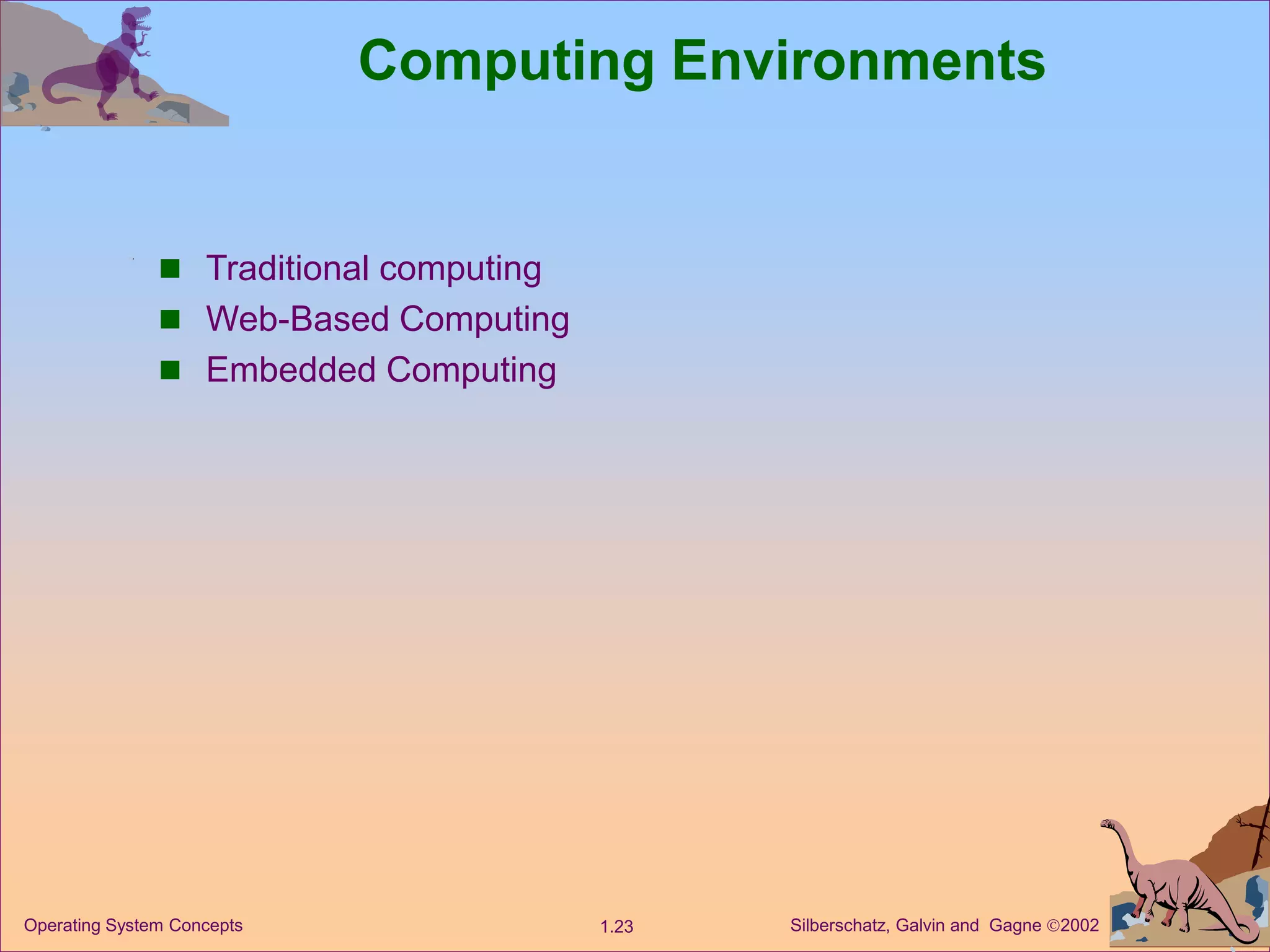 Silberschatz, Galvin and Gagne 2002
1.23
Operating System Concepts
Computing Environments
 Traditional computing
 Web-Based Computing
 Embedded Computing
 