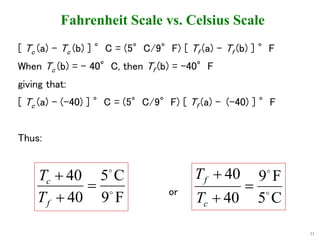 33
Fahrenheit Scale vs. Celsius Scale
[ Tc (a) – Tc (b) ] °C = (5°C/9°F) [ Tf (a) – Tf (b) ] °F
When Tc (b) = - 40°C, then Tf (b) = -40°F
giving that:
[ Tc (a) – (-40) ] °C = (5°C/9°F) [ Tf (a) – (-40) ] °F
Thus:
or
F
9
C
5
40
40





f
c
T
T
C
5
F
9
40
40





c
f
T
T
 