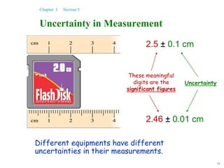 39
Uncertainty in Measurement
Different equipments have different
uncertainties in their measurements.
Chapter 1 Section 5
2.5 ± 0.1 cm
2.46 ± 0.01 cm
These meaningful
digits are the
significant figures
Uncertainty
 