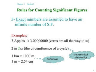 45
Rules for Counting Significant Figures
3- Exact numbers are assumed to have an
infinite number of S.F.
Examples:
3 Apples is 3.00000000 (zeros are all the way to ∞)
2 in 2πr (the circumference of a cycle).
1 km = 1000 m
1 in = 2.54 cm
Chapter 1 Section 5
Mathematical
relationships
Definitions
 
