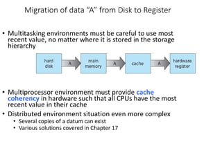 Migration of data “A” from Disk to Register
• Multitasking environments must be careful to use most
recent value, no matter where it is stored in the storage
hierarchy
• Multiprocessor environment must provide cache
coherency in hardware such that all CPUs have the most
recent value in their cache
• Distributed environment situation even more complex
• Several copies of a datum can exist
• Various solutions covered in Chapter 17
 