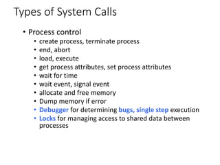 Types of System Calls
• Process control
• create process, terminate process
• end, abort
• load, execute
• get process attributes, set process attributes
• wait for time
• wait event, signal event
• allocate and free memory
• Dump memory if error
• Debugger for determining bugs, single step execution
• Locks for managing access to shared data between
processes
 