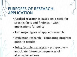PURPOSES OF RESEARCH:
APPLICATION
•Applied research is based on a need for
specific facts and findings – with
implications for policy
•Two major types of applied research:
•Evaluation research – comparing program
goals to results
•Policy/problem analysis – prospective –
anticipate future consequences of
alternative actions
 