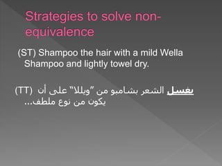(ST) Shampoo the hair with a mild Wella
Shampoo and lightly towel dry.
(TT) ‫يغسل‬
‫من‬ ‫بشامبو‬ ‫الشعر‬
”
‫ويلال‬
“
‫أن‬ ‫على‬
‫ملطف‬ ‫نوع‬ ‫من‬ ‫يكون‬
...
 