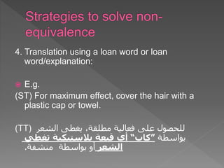 4. Translation using a loan word or loan
word/explanation:
 E.g.
(ST) For maximum effect, cover the hair with a
plastic cap or towel.
(TT) ‫الشعر‬ ‫يغطى‬ ،‫مطلقة‬ ‫فعالية‬ ‫على‬ ‫للحصول‬
‫بواسطة‬
”
‫كاب‬
“
‫تغطي‬ ‫بالستيكية‬ ‫قبعة‬ ‫أي‬
‫الشعر‬
‫منشفة‬ ‫بواسطة‬ ‫أو‬
.
 