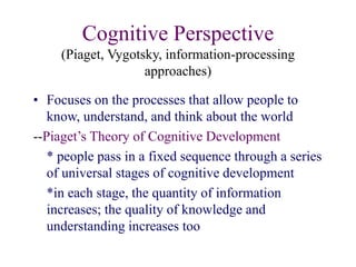 Cognitive Perspective
(Piaget, Vygotsky, information-processing
approaches)
• Focuses on the processes that allow people to
know, understand, and think about the world
--Piaget’s Theory of Cognitive Development
* people pass in a fixed sequence through a series
of universal stages of cognitive development
*in each stage, the quantity of information
increases; the quality of knowledge and
understanding increases too
 