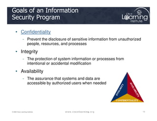 Goals of an Information
Security Program
• Confidentiality
- Prevent the disclosure of sensitive information from unauthorized
people, resources, and processes
• Integrity
- The protection of system information or processes from
13
13
13
© 2009 Cisco Learning Institute.
- The protection of system information or processes from
intentional or accidental modification
• Availability
- The assurance that systems and data are
accessible by authorized users when needed
 