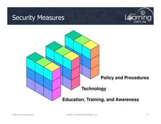 Security Measures
17
17
17
© 2009 Cisco Learning Institute.
Policy and Procedures
Technology
Education, Training, and Awareness
 
