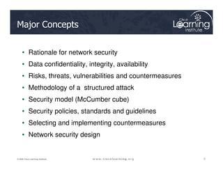 Major Concepts
• Rationale for network security
• Data confidentiality, integrity, availability
• Risks, threats, vulnerabilities and countermeasures
• Methodology of a structured attack
3
3
3
© 2009 Cisco Learning Institute.
• Methodology of a structured attack
• Security model (McCumber cube)
• Security policies, standards and guidelines
• Selecting and implementing countermeasures
• Network security design
 