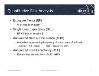 Quantitative Risk Analysis
• Exposure Factor (EF)
- % of loss of an asset
• Single Loss Expectancy (SLE)
- EF x Value of asset in $
• Annualized Rate of Occurrence (ARO)
30
30
30
© 2009 Cisco Learning Institute.
• Annualized Rate of Occurrence (ARO)
- A number representing frequency of occurrence of a threat
Example: 0.0 = Never 1000 = Occurs very often
• Annualized Loss Expectancy (ALE)
- Dollar value derived from: SLE x ARO
 