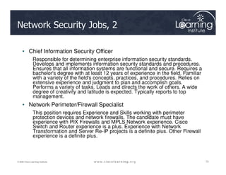 Network Security Jobs, 2
• Chief Information Security Officer
Responsible for determining enterprise information security standards.
Develops and implements information security standards and procedures.
Ensures that all information systems are functional and secure. Requires a
bachelor's degree with at least 12 years of experience in the field. Familiar
with a variety of the field's concepts, practices, and procedures. Relies on
extensive experience and judgment to plan and accomplish goals.
Performs a variety of tasks. Leads and directs the work of others. A wide
73
73
73
© 2009 Cisco Learning Institute.
Performs a variety of tasks. Leads and directs the work of others. A wide
degree of creativity and latitude is expected. Typically reports to top
management.
• Network Perimeter/Firewall Specialist
This position requires Experience and Skills working with perimeter
protection devices and network firewalls. The candidate must have
experience with PIX Firewalls and MPLS Network experience. Cisco
Switch and Router experience is a plus. Experience with Network
Transformation and Server Re-IP projects is a definite plus. Other Firewall
experience is a definite plus.
 