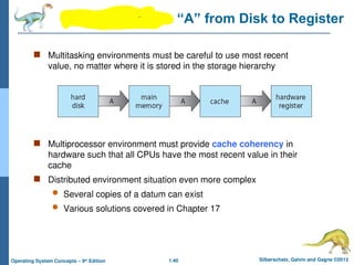 1.40 Silberschatz, Galvin and Gagne ©2013
Operating System Concepts – 9th
Edition
Migration of data “A” from Disk to Register
 Multitasking environments must be careful to use most recent
value, no matter where it is stored in the storage hierarchy
 Multiprocessor environment must provide cache coherency in
hardware such that all CPUs have the most recent value in their
cache
 Distributed environment situation even more complex
 Several copies of a datum can exist
 Various solutions covered in Chapter 17
 