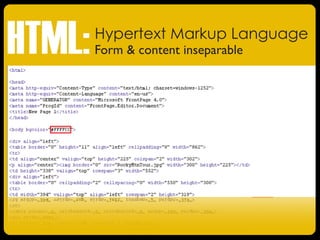 Hypertext Markup Language
Form & content inseparable
HTML:
 