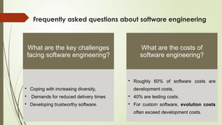Frequently asked questions about software engineering
What are the key challenges
facing software engineering?
• Coping with increasing diversity,
• Demands for reduced delivery times
• Developing trustworthy software.
What are the costs of
software engineering?
• Roughly 60% of software costs are
development costs,
• 40% are testing costs.
• For custom software, evolution costs
often exceed development costs.
 
