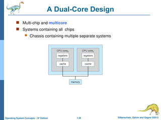1.26 Silberschatz, Galvin and Gagne ©2013
Operating System Concepts – 9th
Edition
A Dual-Core Design
 Multi-chip and multicore
 Systems containing all chips
 Chassis containing multiple separate systems
 