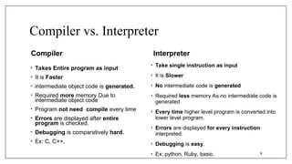 Compiler vs. Interpreter
Compiler
• Takes Entire program as input
• It is Faster
• intermediate object code is generated.
• Required more memory Due to
intermediate object code
• Program not need compile every time
• Errors are displayed after entire
program is checked.
• Debugging is comparatively hard.
• Ex: C, C++.
Interpreter
• Take single instruction as input
• It is Slower
• No intermediate code is generated
• Required less memory As no intermediate code is
generated
• Every time higher level program is converted into
lower level program.
• Errors are displayed for every instruction
interpreted.
• Debugging is easy.
• Ex: python, Ruby, basic. 9
 