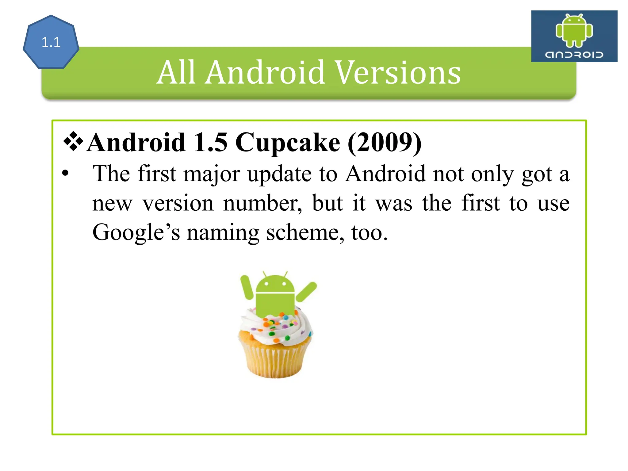 All Android Versions Android 1.5 Cupcake (2009) • The first major update to Android not only got a new version number, but it was the first to use Google’s naming scheme, too. 1.1 