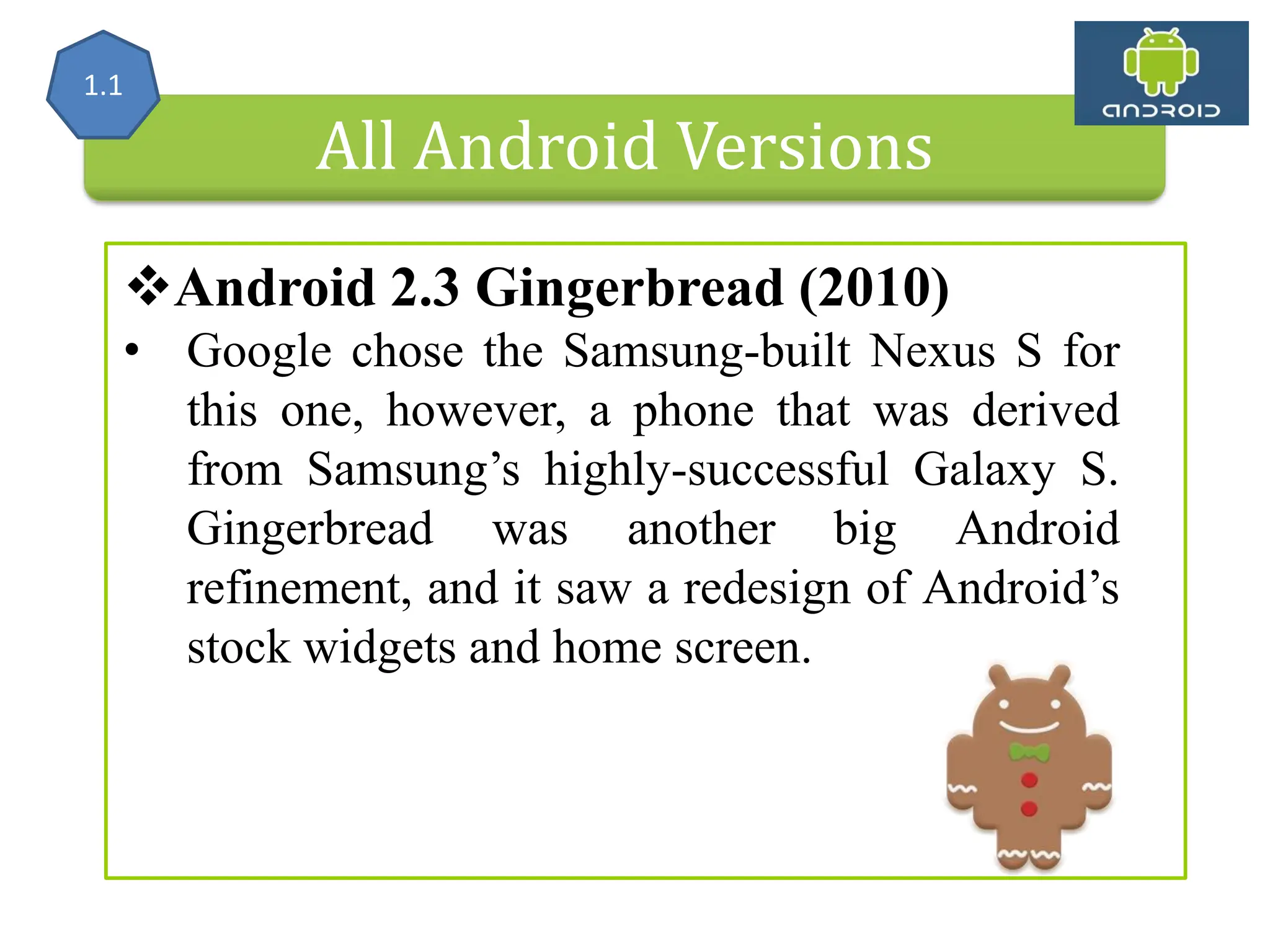 All Android Versions Android 2.3 Gingerbread (2010) • Google chose the Samsung-built Nexus S for this one, however, a phone that was derived from Samsung’s highly-successful Galaxy S. Gingerbread was another big Android refinement, and it saw a redesign of Android’s stock widgets and home screen. 1.1 