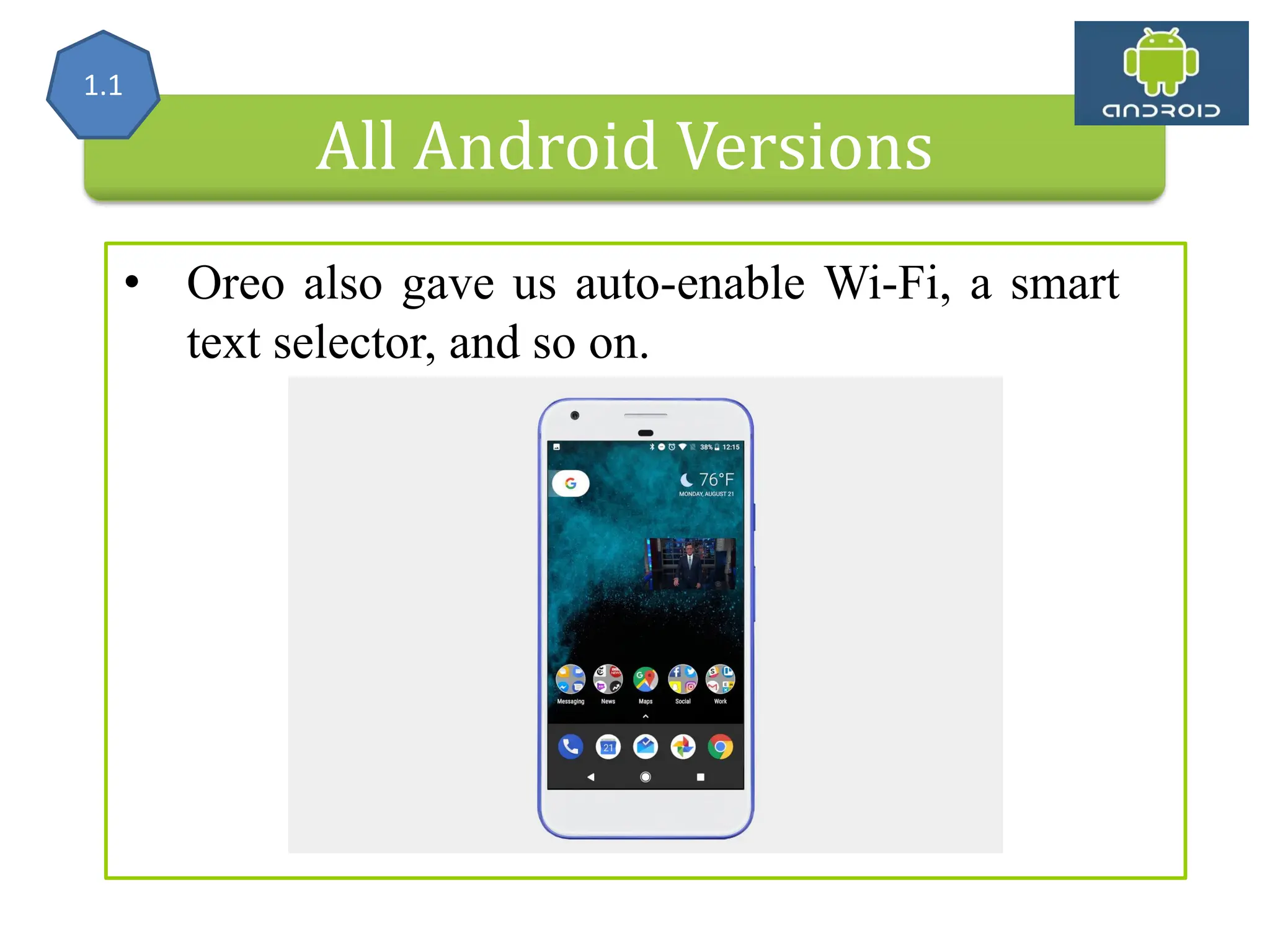 All Android Versions • Oreo also gave us auto-enable Wi-Fi, a smart text selector, and so on. 1.1 