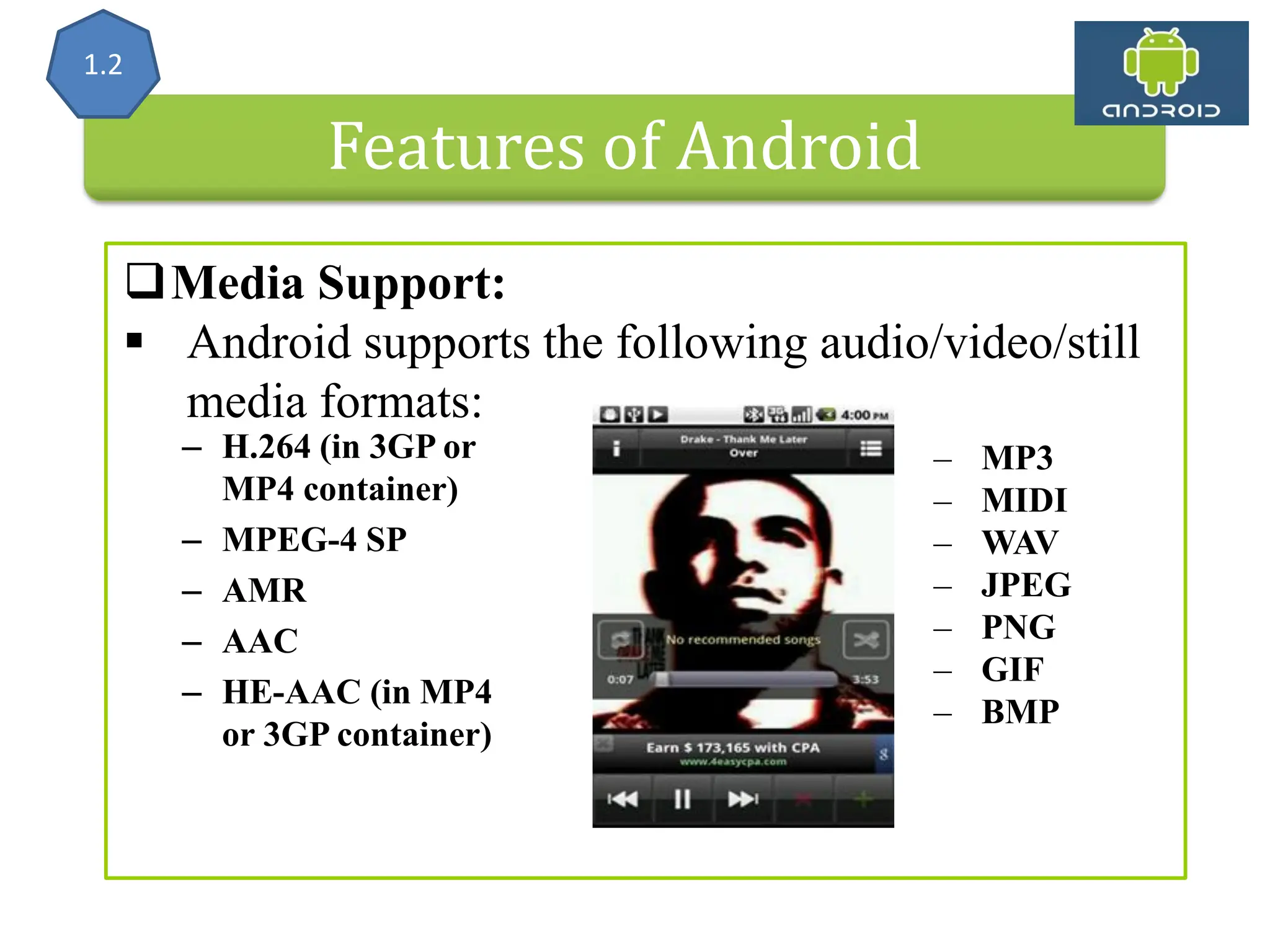 Features of Android Media Support:  Android supports the following audio/video/still media formats: – H.264 (in 3GP or MP4 container) – MPEG-4 SP – AMR – AAC – HE-AAC (in MP4 or 3GP container) – MP3 – MIDI – WAV – JPEG – PNG – GIF – BMP 1.2 