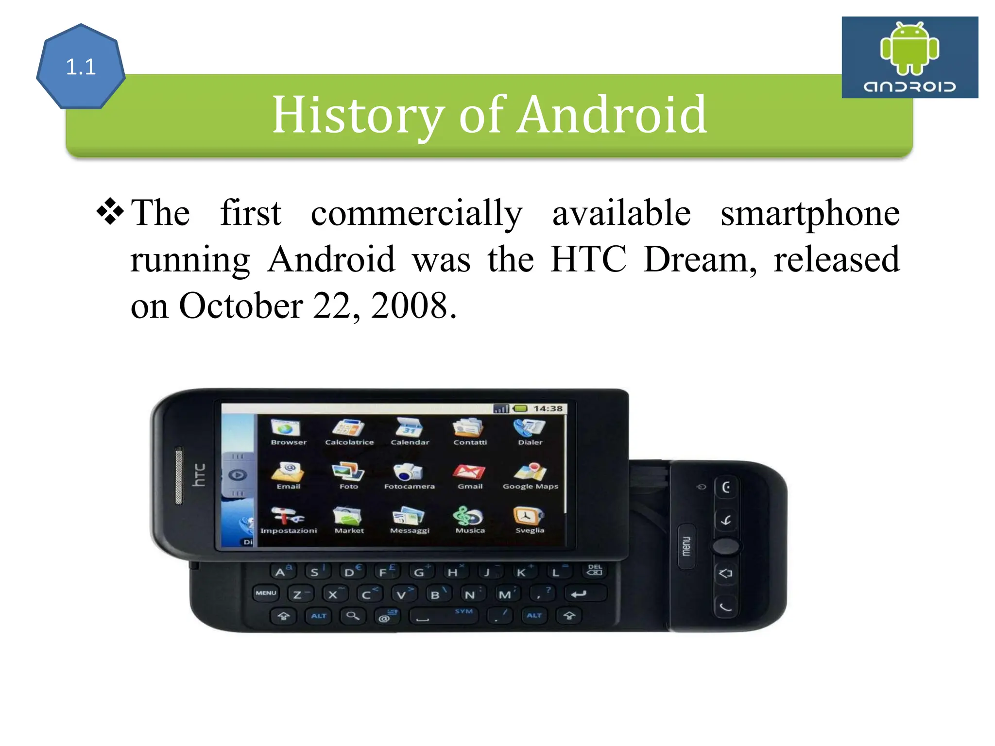 History of Android The first commercially available smartphone running Android was the HTC Dream, released on October 22, 2008. 1.1 