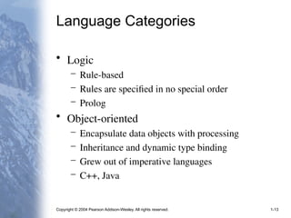 Copyright © 2004 Pearson Addison-Wesley. All rights reserved. 1-13
Language Categories
• Logic
– Rule-based
– Rules are specified in no special order
– Prolog
• Object-oriented
– Encapsulate data objects with processing
– Inheritance and dynamic type binding
– Grew out of imperative languages
– C++, Java
 