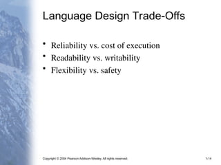 Copyright © 2004 Pearson Addison-Wesley. All rights reserved. 1-14
Language Design Trade-Offs
• Reliability vs. cost of execution
• Readability vs. writability
• Flexibility vs. safety
 