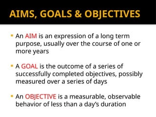 AIMS, GOALS & OBJECTIVES
 An AIM is an expression of a long term
purpose, usually over the course of one or
more years
 A GOAL is the outcome of a series of
successfully completed objectives, possibly
measured over a series of days
 An OBJECTIVE is a measurable, observable
behavior of less than a day’s duration
 