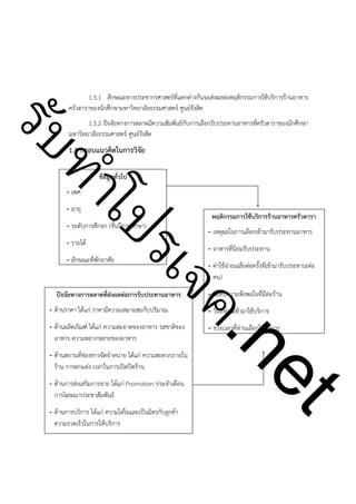 1.5.1 ลักษณะทางประชากรศาสตร์ที่แตกต่างกันจะส่งผลต่อพฤติกรรมการใช้บริการร้านอาหาร
ครัวดาราของนักศึกษามหาวิทยาลัยธรรมศาสตร์ ศูนย์รังสิต

ําโป
ัท
รบ

1.5.2 ปัจจัยทางการตลาดมีความสัมพันธ์กับการเลือกรับประทานอาหารที่ครัวดาราของนักศึกษา
มหาวิทยาลัยธรรมศาสตร์ ศูนย์รังสิต

1.4 กรอบแนวคิดในการวิจัย
ข้อมูลทั่วไป

- เพศ

!
!

- อายุ

- ระดับการศึกษา (ชั้นปีการศึกษา)
- รายได้

!
!
!

- เหตุผลในการเลือกเข้ามารับประทานอาหาร
- อาหารที่นิยมรับประทาน

ค.
รเจ

- ลักษณะที่พักอาศัย

พฤติกรรมการใช้บริการร้านอาหารครัวดารา

- ค่าใช้จ่ายเฉลี่ยต่อครั้งที่เข้ามารับประทาน(ต่อ
คน)
- ระดับความพึงพอใจที่มีต่อร้าน

ปัจจัยทางการตลาดที่ส่งผลต่อการรับประทานอาหาร
- ด้านราคา ได้แก่ ราคามีความเหมาะสมกับปริมาณ

- วันที่ท่านเข้ามาใช้บริการ

- ด้านผลิตภัณฑ์ ได้แก่ ความสะอาดของอาหาร รสชาติของ
อาหาร ความหลากหลายของอาหาร

- ช่วงเวลาที่ท่านเลือกใช้บริการ

- ด้านการส่งเสริมการขาย ได้แก่ Promotion ประจำเดือน
การโฆษณาประชาสัมพันธ์
- ด้านการบริการ ได้แก่ ความใส่ใจและเป็นมิตรกับลูกค้า
ความรวดเร็วในการให้บริการ

t
ne

- ด้านสถานที่ช่องทางจัดจำหน่าย ได้แก่ ความสะดวกภายใน
ร้าน การตกแต่ง เวลาในการเปิดปิดร้าน

!
!
!
!
!
!

 