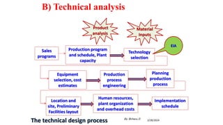 B) Technical analysis
Sales
programs
Production program
and schedule, Plant
capacity
Technology
selection
Equipment
selection, cost
estimates
Location and
site, Preliminary
Facilities layout
Production
process
engineering
Planning
production
process
Human resources,
plant organization
and overhead costs
Implementation
schedule
Product
analysis
Material
Inputs
EIA
The technical design process 2/28/2024
By: Birhanu D.
 